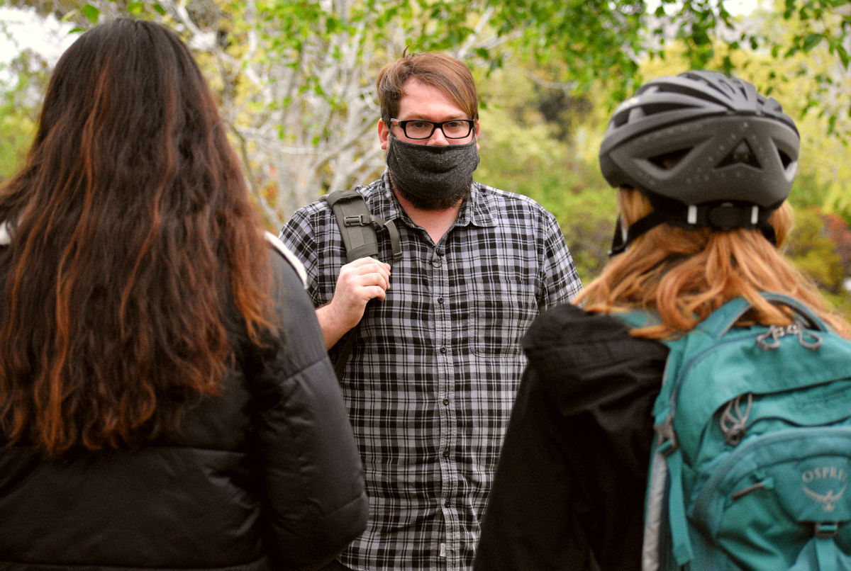 Chris Lambert creator of the Your Own Backyard Kristin Smart podcast speaks with the public at the press conference at Cal Poly Tuesday afternoon.